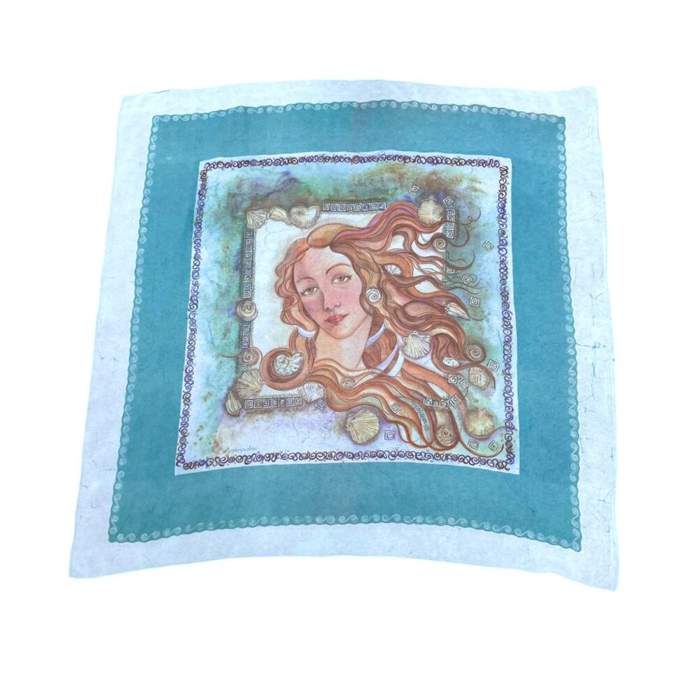 Aphrodite Silk Scarf By Ifadi Greece 31” Square Aqua Blue & Greek Goddess Print